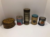 Vintage tins and cans(1- is a bank partially full of coins;must use can opener)