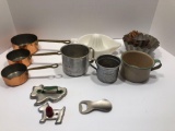 Vintage kitchen ware(copper measure cups/handles,milk glass juicer,JELLO molds,tin cups,enamel