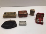 Collectible tins, vintage pocket travel razor(West Germany),leather change purse,more