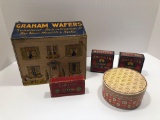 Vintage LOG HOUSE Graham Wafers box,unopened COLBURNS Whole Nutmegs,2-boxes AMERICAN fruit Jar