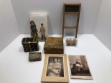 Miniature glass washboard,small vintage clothes pins,DOLLY'S TRUNK tin keepsake, vintage keepsake,2-