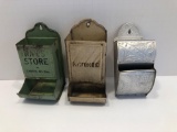 3-Vintage match safe/holders(1- advertising RAY'S STORE CONOVA SOUTH DAKOTA,1- VESTIBULE)