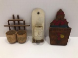 2- vintage wooden match safe/holders,wooden note/pen holder(New York,New York)