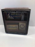 Vintage SUNSHINE BISCUITS display case/cardboard advertising boxes and metal CRACKER JACK figure