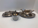 Vintage silver plate lot (butter dish,sugar bowl,gravy boat)