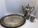 Vintage silver plated tray and teapot,STERLING SILVER creamer and sugar bowl