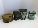 Vintage FAIRMONT IMPERIAL ice cream tin,SPRY shortening tin,CEREBOS SALT tin,O CEDAR MOP tin