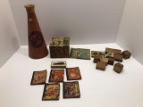 Vintage PLAYERS CIGARETTE car cards,JIM DANDY megaphone,miniature storybooks, vintage wooden blocks