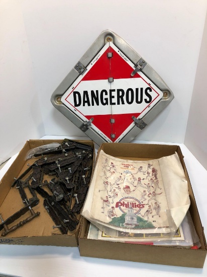 Metal multipurpose sign, cabinet handles, vintage baseball yearbooks