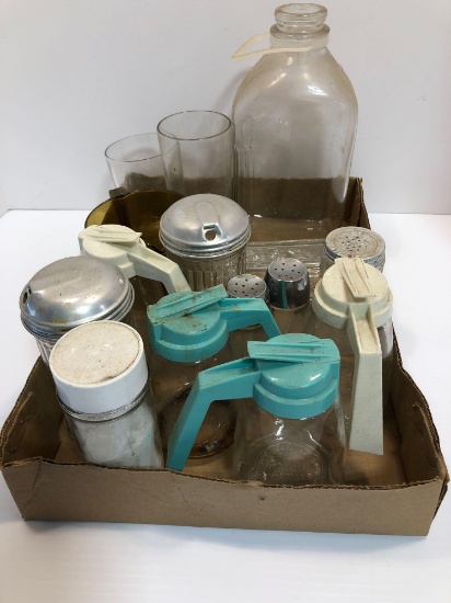 Vintage syrup dispensers,milk bottle,sugar dispensers,glasses,more