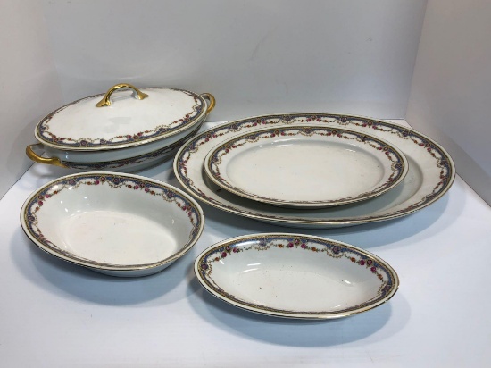 CZECHOSLOVAKIA China dishes Flower pattern(covered soup tureen ,serving platters,serving bowls