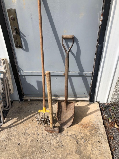 Cultivator, short handled spade shovel, sledgehammer