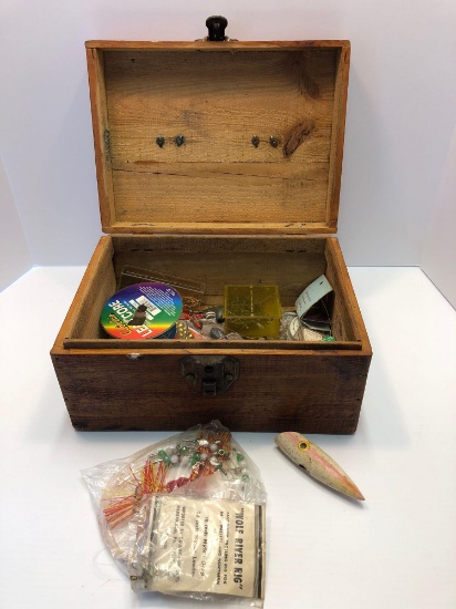 Vintage wooden tackle box/contents