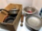 Strainer,CLUB pan/lid, FARBERWARE fry pan with lid, blue enamel roaster, cookie cutters, more