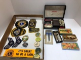 Vintage razors,vintage wooden knickknack, vintage wooden pocket puzzle, vintage patches and badges