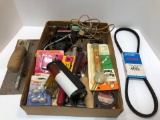 Plaster trowel,V belt,screen tool, solder gun and iron,square,basin wrench, chisels,more