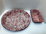 Spatter Ware Red & White Enamelware Platter and bread pan