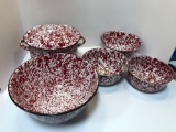 Spatter Ware Red & White Enamelware bowls and pot/lid