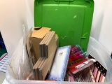 Envelopes,miniature plastic bathtub containers, fluorescent work light, boxes, printed boxes/tote