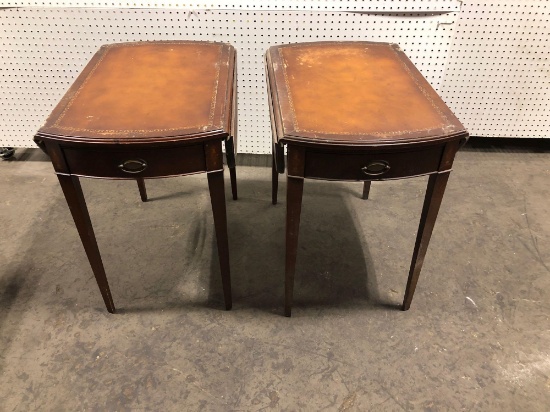 Matching vintage wooden drop leaf end tables /drawers