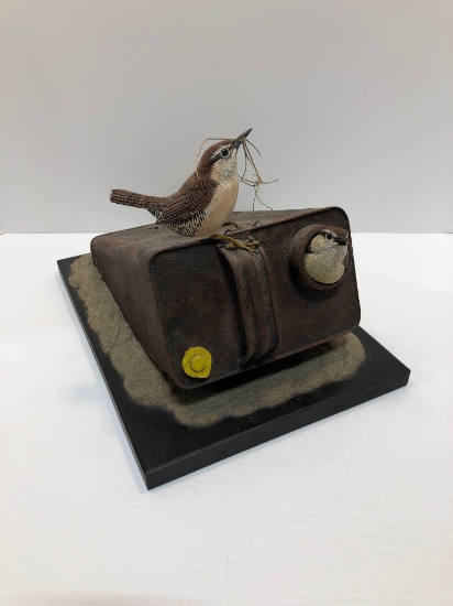 Fine art wood carving (House Wrens building nest in gas can) by Vincent A.Ciesielski