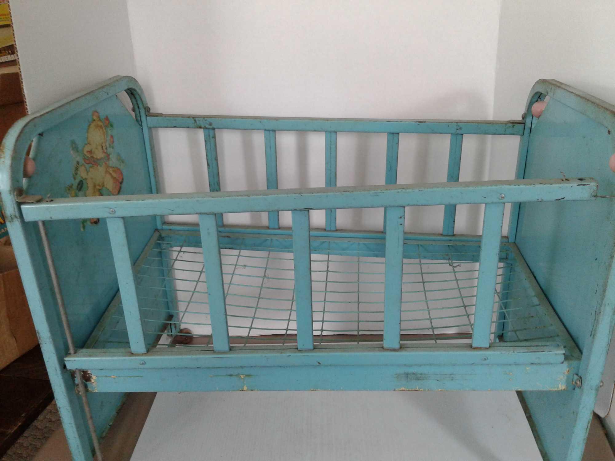 Metal Doll Vintage Doll Cribs Doll-E-Crib AMSCO Adjustable Side Rail Blue  Bunny Decal Metal Vintage 1950s