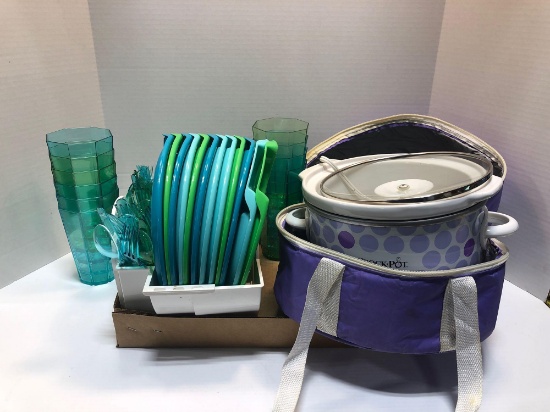 Crock pot, Pampered Chef plates, cups, silverware