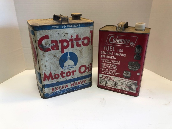 Capitol Motor oil tin, Coleman fuel