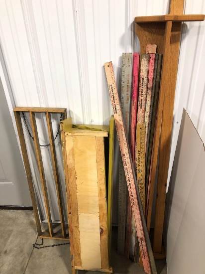 Hanging wood shelves, yard sticks, more