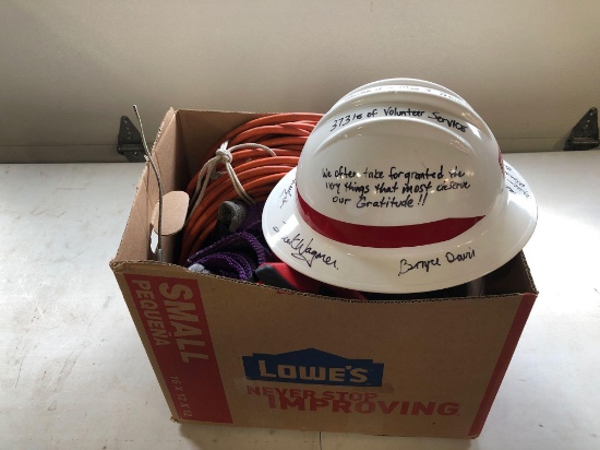 Hard hat, extension cord, sprayer nozzle, more