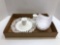 Milk glass candle stick holders, center piece, serving plate