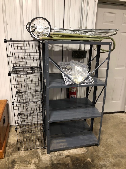 Metal shelving units, green metal folding step ladder, wire cart, more