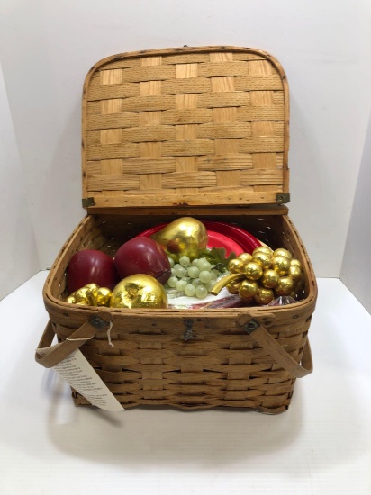 Karl Family basket, decorative fruit, plastic plates, more