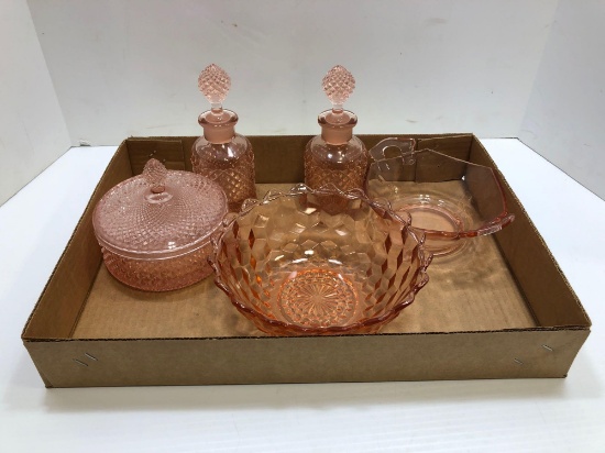 Pink glass decanters, covered dish, candy bowls