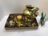 Brass candle stick holders, dust pan, gardening tools, more