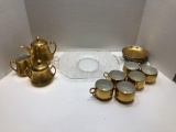 Gold color cups, creamer, sugar (stamped W Czech. Slov.), more