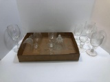 Glass plate, wine goblets, champagne flute, more
