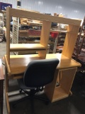 Faux wood desk w/ office chair and floor mat