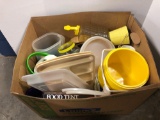 Plastic trays, containers, watering can, more