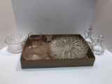 Decanters, glass sunflower plates, candy bowls, more