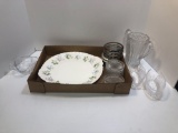 Silver plated coasters, Spring Valley fine bone china serving plate, glass spoon rests, more