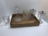 Crystal decanter, pitcher, candle sticks, more