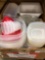 Assortment of plastic storage containers with lids pie Rex frying pans and pie tins