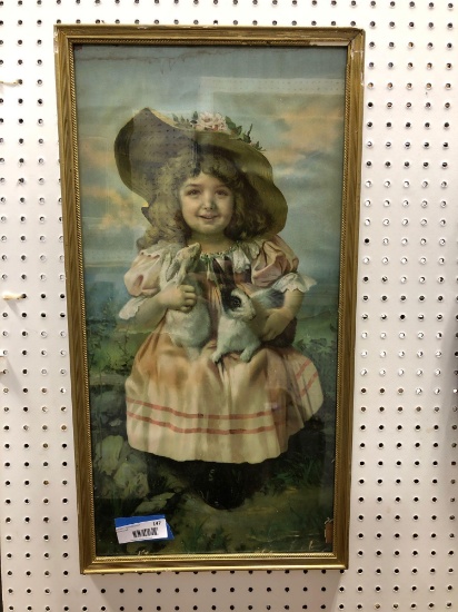 Antique framed print girl with rabbits
