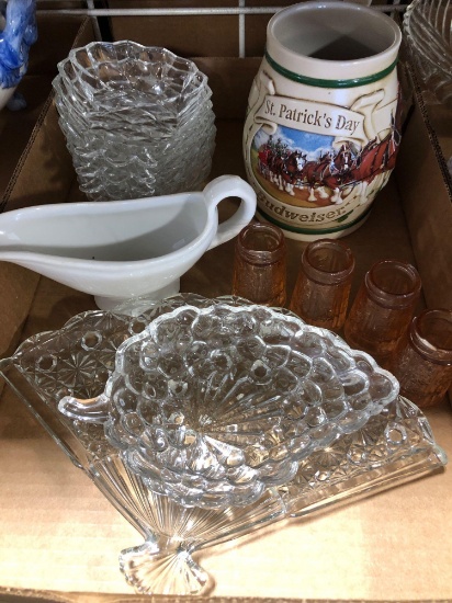 Budweiser St. Patrick?s Day mug and assorted glassware including pink Depression