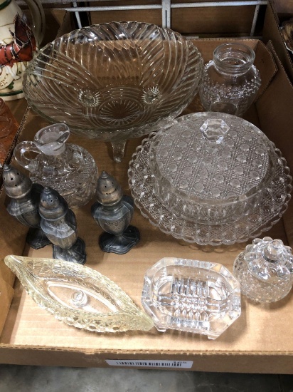 Assorted glassware and Pewter salt and pepper shakers