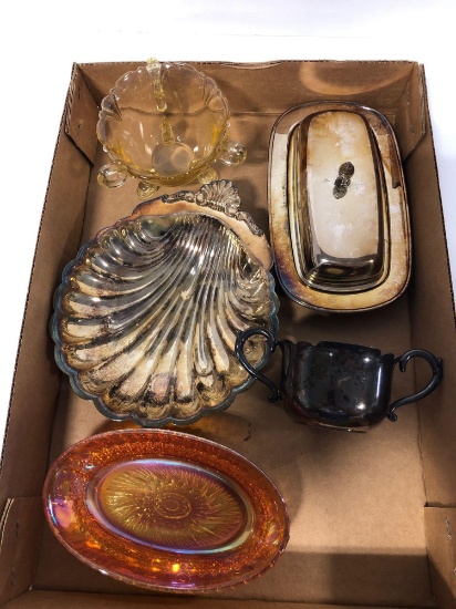 Assorted carnival glass yellow depression Henley silver and Roger silver company pieces