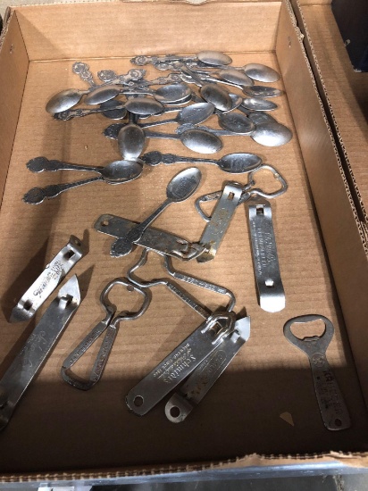 Assorted brewery bottle openers and souvenir spoons