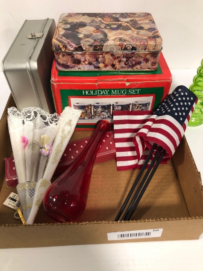 Holiday coffee mug, metal tins assorted glassware and American flags