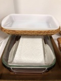 Glass bake Pyrex Dish & Corning casserole dishes with wicker basket